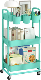JIUYOTREE 3-Tier Plastic Rolling Storage Cart Utility Cart with Extra Hanging Cups Handles Lockable Wheels for Living Room Bathroom Kitchen Office Green