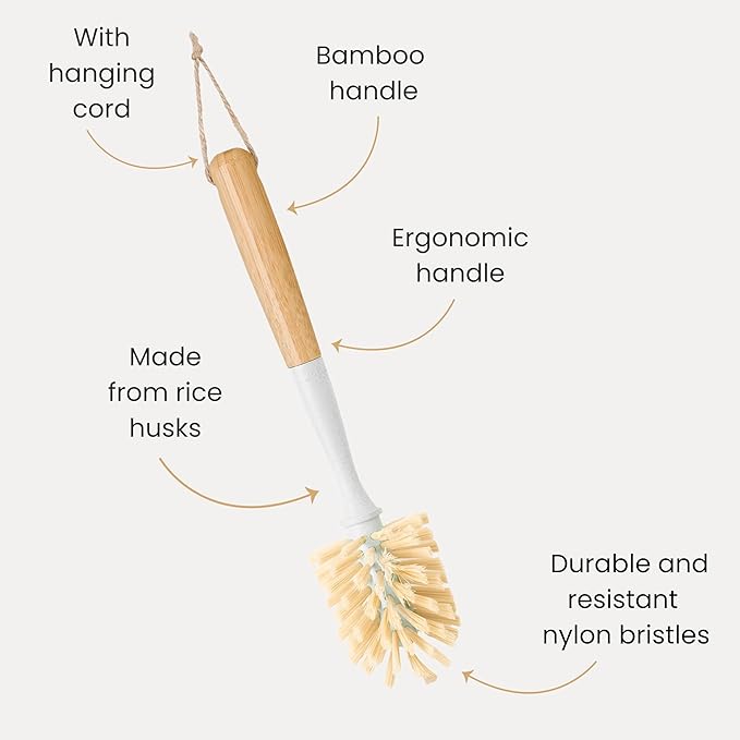 Vigar Zeroline 10.2" Long Bamboo Dish Brush, Ideal Dish Brush for Cups, Wine Glass, Tumbler, Blender Bottles, and Glass Water Bottles for The Kitchen