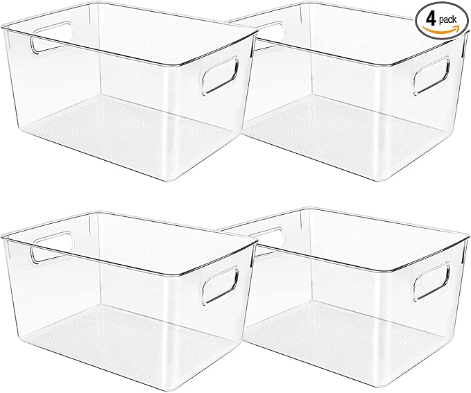 Clear Plastic Storage Bins, Pantry Organizers and Storage or Kitchen Organization and Storage Containers Bins for Organizing, Fridge, Freezer, Bathroom, Pantries, Refrigerator, Cabinet Organizer Bin