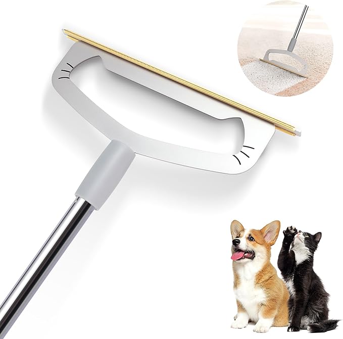 Dog Hair Remover Rake for Carpets - Premium Pet Hair Removal Tool, XL Carpet Rake & Cat Fur Scraper with Extra Long Handle for Rugs, Furniture, and Car Interiors