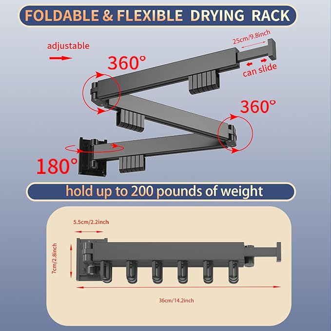 Clothes Drying Rack, Laundry Drying Rack Wall Mount for Bathroom, Retractable and Foldable Clothes Hanging Rack with U-Hooks for Laundry Room, Balcony, Closet, Bedroom(Tri-Fold), Black