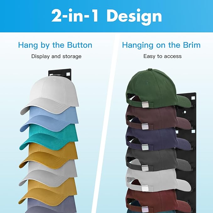 2 Pack Hat Organizer for Baseball Caps,Hat Rack for Wall with Strong Adhesive Hold up to 18 Hats，Over The Door Organizer for Closet Door and Bedroom (Black)