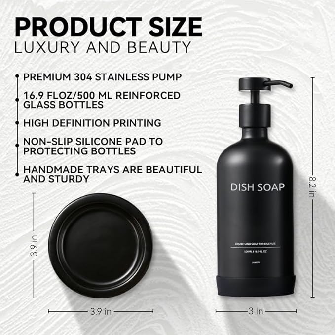 Glass Soap Dispenser Set by Janxin,Bathroom Soap Dispenser Set with Ceramic Tray,Luxury Bathroom Accessories,Modern Kitchen Decor (Black(Dish Soap))