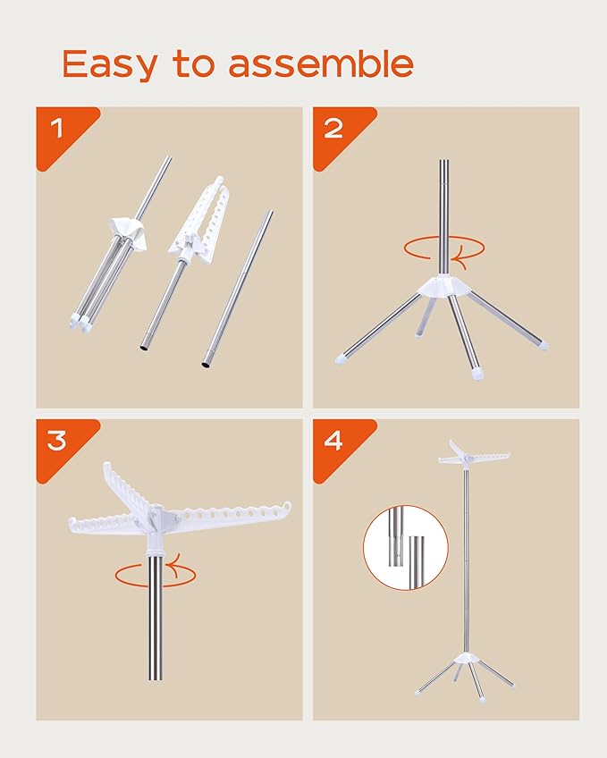 Clothes Drying Rack Foldable, 59 inch Tripod Laundry Drying Rack Indoor with Rotating Clothes Rail for 27 Pieces of Clothes, Space Saving, Stainless Steel, White and Silver CDR001W01