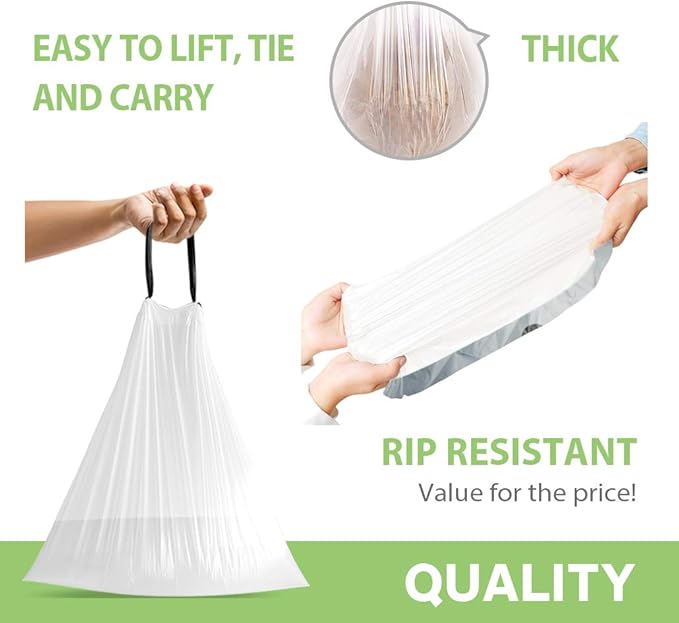1.6 Gallon 80 Counts Strong Drawstring Trash Bags Garbage Bags by Teivio, Bathroom Trash Can Bin Liners, Small Plastic Bags for home office kitchen, White