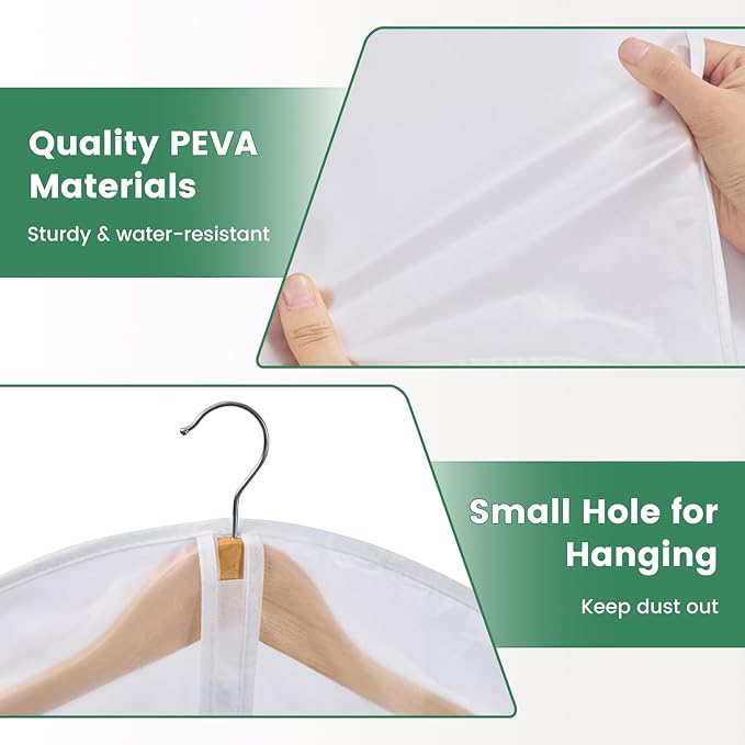 Carbrea Translucent Garment Bags for Hanging Clothes - Frosted Clothes Storage Bags for Suits, Dresses, Closet Storage - 10 Pack