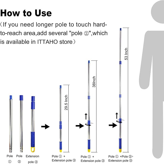 ITTAHO Window Washing Kit with Extension Pole, 10" Squeegee & 11" Microfiber Scrubber Combi with Stainless Steel Pole, Window Cleaner for Car, Sliding Door,Shower Glass Door-Swivel Style-2 Pads