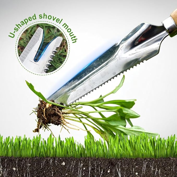 5-in-1 Weed Puller Tool with Wood Handle, Multifunctional 13inch Wooden Trowel Garden Tool, Trowel Garden Tool for Planting Weeding Digging Transplanting Cutting Measuring (1 PCS)