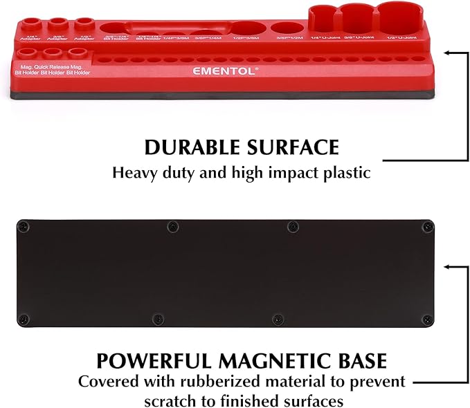EMENTOL Magnetic Socket Accessory Holder, Red, 35 Pieces Holes, Organize Adapters, Universal Joints and Bits