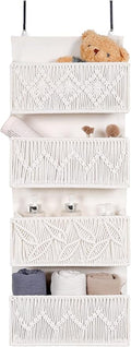 Macrame Over the Door Organizer Boho Decor Nursery Storage, Leaf Weaving Closet Organizers and Storage，with 4 Hanging Pockets, Behind Door for Bathroom, Bedroom
