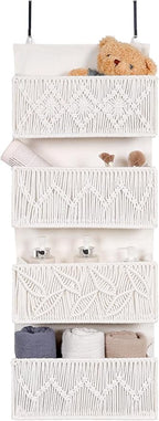 Macrame Over the Door Organizer Boho Decor Nursery Storage, Leaf Weaving Closet Organizers and Storage，with 4 Hanging Pockets, Behind Door for Bathroom, Bedroom