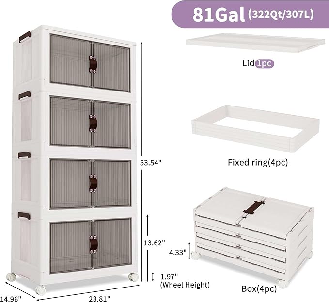 Luxdecor Plastic Storage Bins With Lids-Stackable Plastic Storage Bins on Wheels, Closet Organizers and Storage Cabinet with Doors,Larger 4Tier