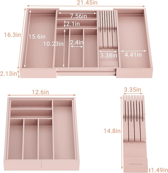 Bamboo-Silverware-Drawer-Organizer-Kitchen, Expandable Utensil Holder Cutlery Tray Flatware Organization Adjustable Wood Tableware Dividers Storage (with Removable Knife Block)(Grey Pink)