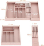Bamboo-Silverware-Drawer-Organizer-Kitchen, Expandable Utensil Holder Cutlery Tray Flatware Organization Adjustable Wood Tableware Dividers Storage (with Removable Knife Block)(Grey Pink)