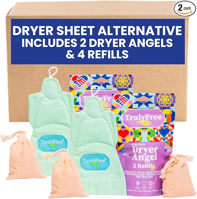 Dryer Angel - Natural Dryer Sheet Alternative, Non-Toxic Reusable Fabric Softener Sheets and Scent Booster, Safe for Babies and Sensitive Skin, Laundry Room Essentials - 2 Packs + 2 Refills