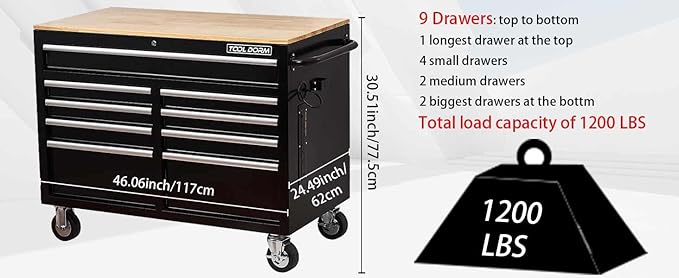 Tool Chest Cabinet, Large Capacity Metal Tool Box with Wheels and Cylinder Locking, Roll Around Storage Organizer Tool Cart for Garage, Redtool cabinets on Wheels (Black, 9-Drawer-Wheel)