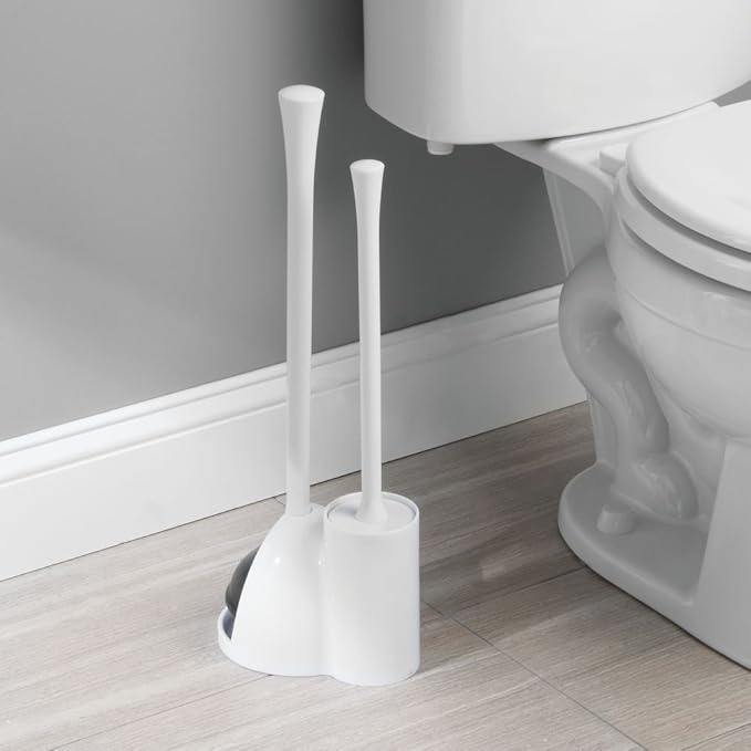 iDesign Una Plastic Toilet Bowl Brush and Plunger Combo Set for Bathroom Cleaning and Storage, White
