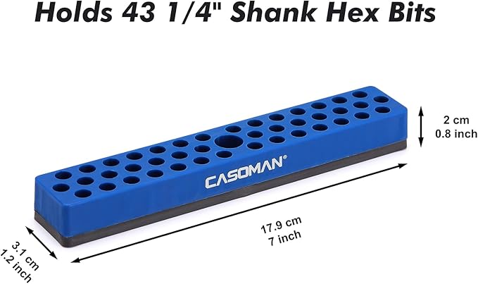 CASOMAN 1/4" Hex Bit Organizer with Magnetic Base - Blue, 43 Hole Bit Organizer with Strong Magnetic Base, Magnetic Bit Organizer for Your Specialty