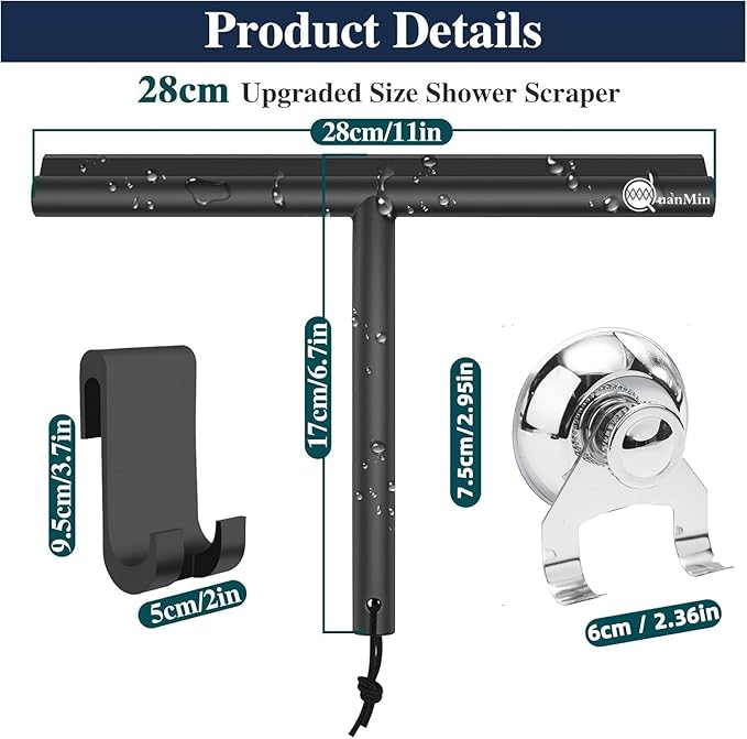 Upgrade Design Shower Squeegee with Hook, 11 inch Stainless Steel Core Glass Wiper, Multi-Purpose Glass Silicone Rubber Household Squeegees for Glass and Ceramic Doors Windows, Rounded Black