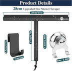 Upgrade Design Shower Squeegee with Hook, 11 inch Stainless Steel Core Glass Wiper, Multi-Purpose Glass Silicone Rubber Household Squeegees for Glass and Ceramic Doors Windows, Rounded Black