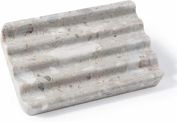 Soap Holder for Bathroom, Grey Marble Soap Dish for Kitchen Countertop, Soap Tray with Creative Wavy Design, Soap Saver for Bath Tub, Sponges, Italian Natural Stone