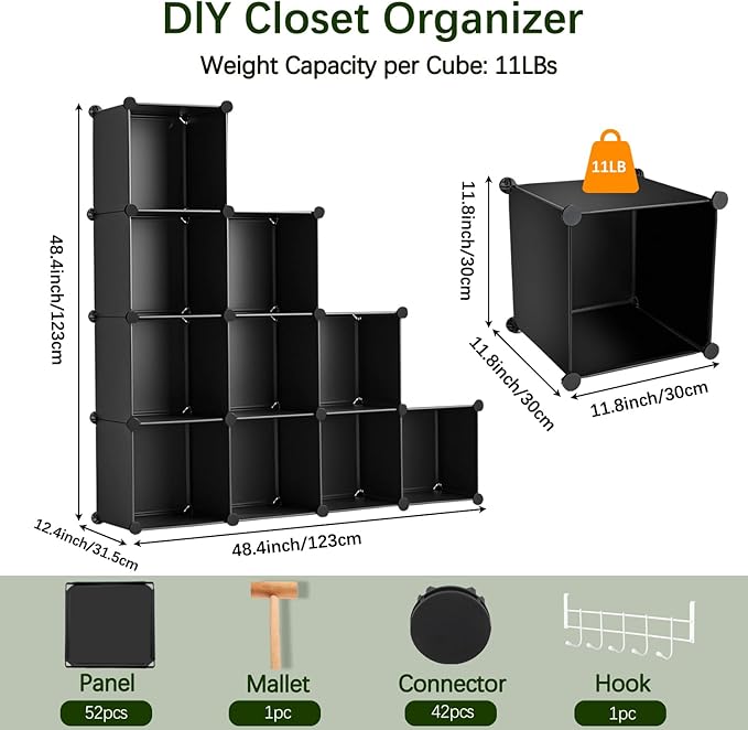 Whitmor 16 Cube Closet Organizers and Storage, Stackable Plastic Closet Shelves with Hooks & Mallet, DIY Clothes Organizer, Cube Bookshelf, Portable Storage Organizer for Bedroom, Home, Office, Black