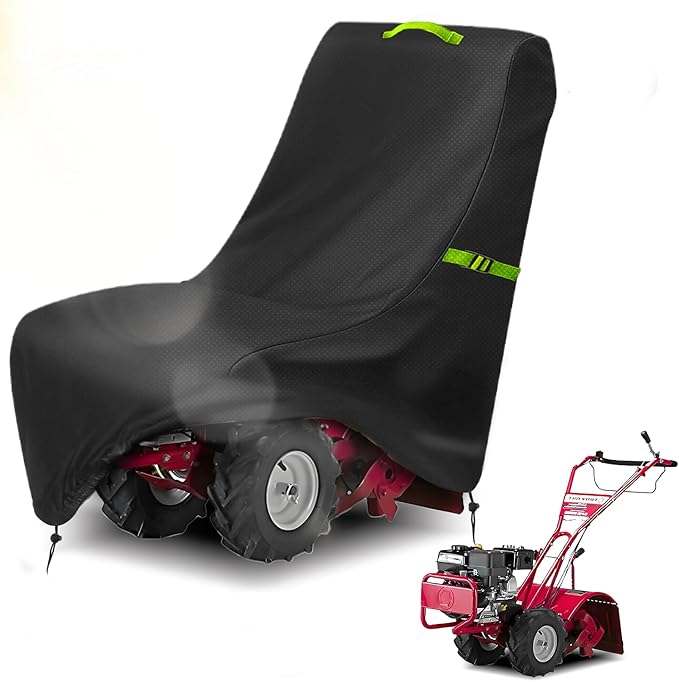 Tiller Cover, Rototiller Covers, 420D Silver-Coated Waterproof Fabric, Adjustable Drawstring Hem, Green Handle & Rear Waist Band – Fits Most Tillers (Black, Electric Tiller Cover)