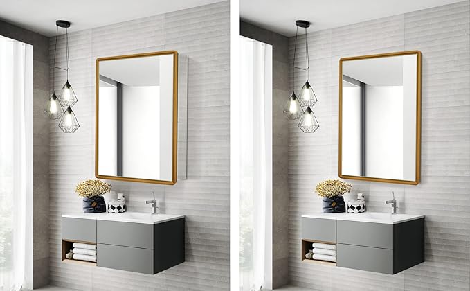 22x30 Inch Bathroom Medicine Cabinet with Gold Framed Mirror – Recessed or Surface Mount Storage Cabinet, Single Door Rustic Farmhouse Design