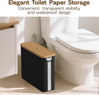 Toilet Paper Storage Basket with Bamboo Lid, Toilet Paper Holder with Storage, Free Standing Bathroom Storage Organizers with Non-Slip Bottom, Black 1 Pack