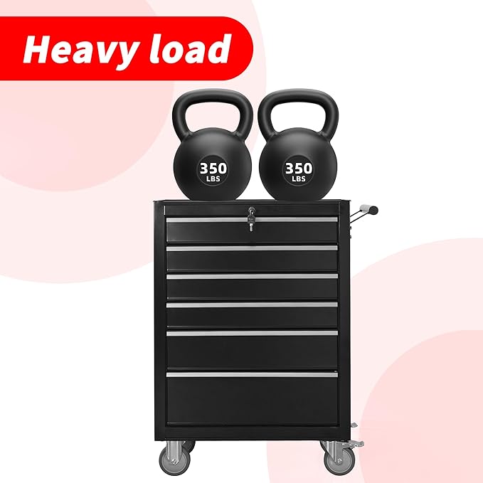 Tool Chest Cabinet, Large Capacity Metal Tool Box with Wheels and Cylinder Locking, Roll Around Storage Organizer Tool Cart for Garage, Redtool cabinets on Wheels (Black, 6-Drawer-Wheel)