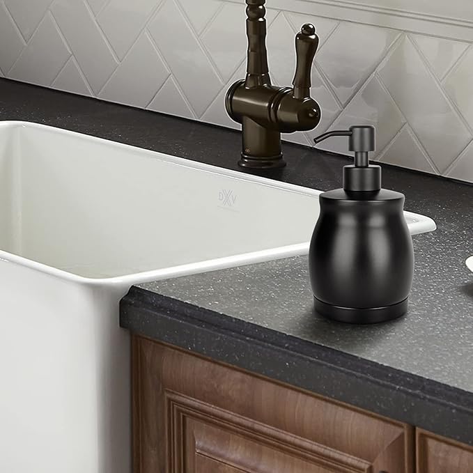Black Stainless Steel Soap Dispenser, Modern Countertop Liquid & Lotion Dispenser for Kitchen and Bathroom-Rustproof Pump, Easy Refill & Clean-Elegant Home or Commercial Use (Black, 390ml)