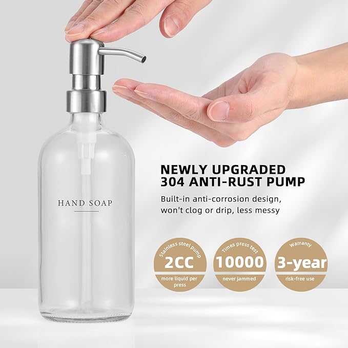 Glass Soap Dispenser - Dish Soap Dispenser for Kitchen, Hand Soap Dispenser Set, Bathroom Soap Dispenser with 304 Rust Proof Pump, Soap Dispenser for Kitchen with Tray, Clear Bottle/Silver Pump