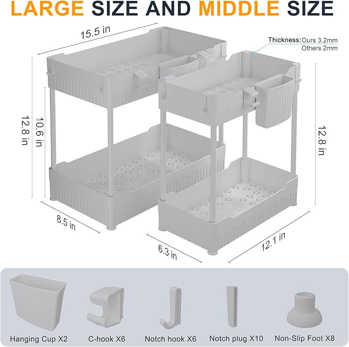 2 Pack Under Sink Organizer, Under Bathroom Cabinet Organizer with Hooks Hanging Cup, Multi-Purpose Storage Shelf for Kitchen Bathroom (Gray, L)