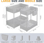 2 Pack Under Sink Organizer, Under Bathroom Cabinet Organizer with Hooks Hanging Cup, Multi-Purpose Storage Shelf for Kitchen Bathroom (Gray, L)