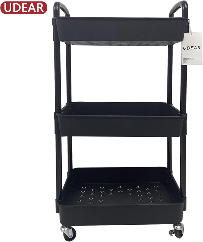 UDEAR 3-Tier Rolling Utility Cart with 12 Category Labels,Multifunctional Comagtable Rolling Shelving with Handle and Lockable Wheels for Room,Office,Kitchen,Bathroom,Black