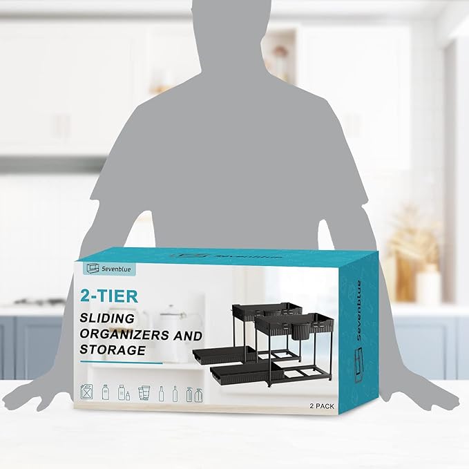 2 Pack Multi-Purpose Under Sink Organizers and Storage, 2025 Pull Out Cabinet Organizer for Bathroom & Kitchen, Under Cabinet Organizer with Hooks Hanging Cup, Black