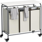 LINZINAR 3 Bag Laundry Basket Sorter Heavy Duty Rolling Lockable Wheels Laundry Hamper Cart with Ironing Board and Removable Bags, Beige