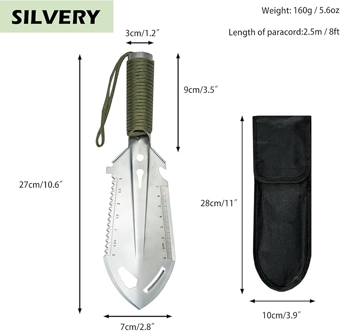 2 Pack Samll Survival Shovel, 9 in 1 Mini Camping Shovel, Ultralight Backpacking Trowel Shovel, Backpacking Gear for Hiking, Camping and Survival Bags (Silvery)