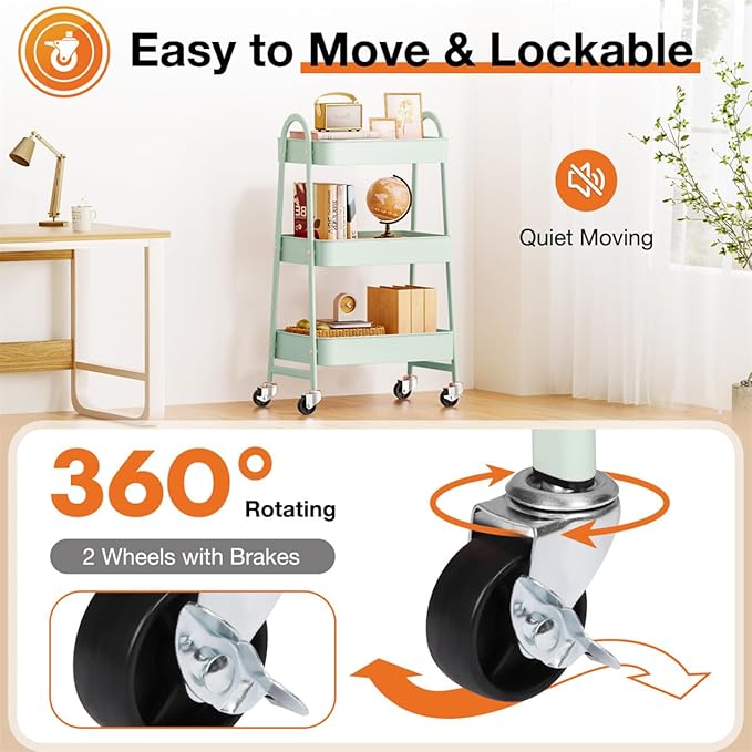 3-Tier Metal Rolling Utility Cart, Small Rolling Cart Kitchen Trolley Bathroom Laundry Room Bar Office Shelves Storage Organizer Shelving Unit with Caster Wheels for Narrow Places, Green