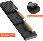 Bamboo-Silverware-Drawer-Organizer-Kitchen, Expandable Utensil Holder Cutlery Tray Flatware Organization Adjustable Wood Tableware Dividers Storage (with Removable Knife Block)(Black)
