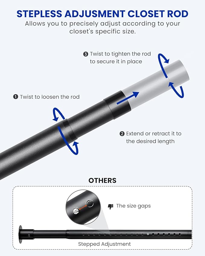 Supforce 3 PACK Closet Rods for Hanging Clothes, 17 to 84 Inches Stepless Adjustable Metal Closet Rod, 1.3 Inches Heavy Duty Clothes Hanging Rod for Closet Wardrobes Laundry RV, Black