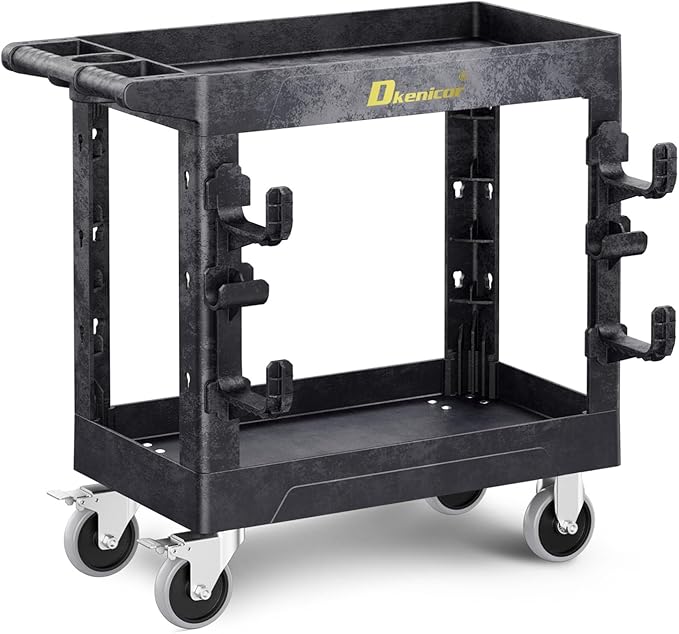 Heavy Duty Plastic Utility Cart 850Lbs, 34" x 17" Rolling Work Cart with Wheels - 2 Tier Service Cart for Warehouse/Garage/Garden - Upgraded 2 Side Tube Hooks, 360° Swivel Lockable Wheels