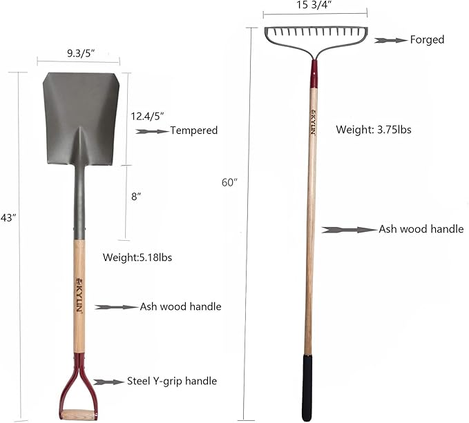 KYLIN Landscaping Shovel Rake Tools Set Heavy Duty Yard Digging Shovels Garden Hoe Long Ash Handle Forged Scraper Bush Hook for Professional-Grade 8 Pieces Lawn Tools