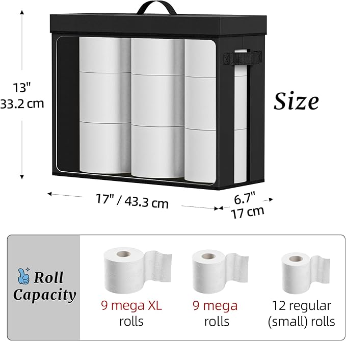 NAMTSO Bathroom Toilet Paper Storage with Lid - for Up to 12 Rolls | Storage Bins with Lids for Towel or Yarn | Free Standing | Foldable | Moisture Resistant | Clear Plastic Window | Black | 2 Pack