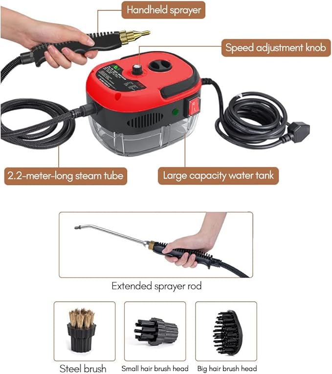 Irishom 2500W Handheld Steam Cleaner High Temperature Pressurized Steam Cleaning Machine Portable Car Steamer with Brush Heads (Red)