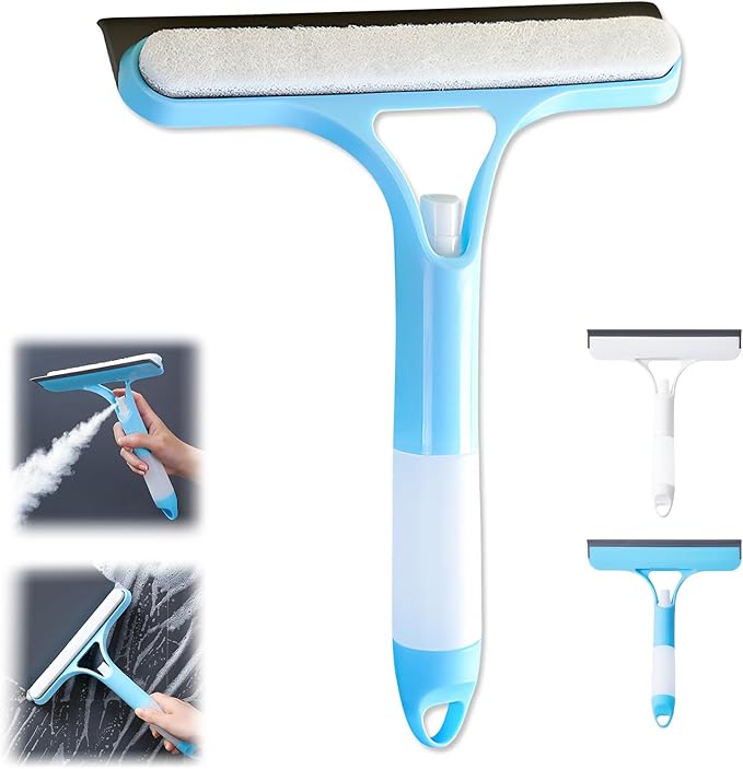 3 in 1 Spray Window Squeegee Cleaner Scraper, Window Squeegee with Spray, WindowSqueegee Cleaner Tool with SprayBottle for Shower Glass, Mirrors, Car, Home Window Cleaner Tool (Blue)