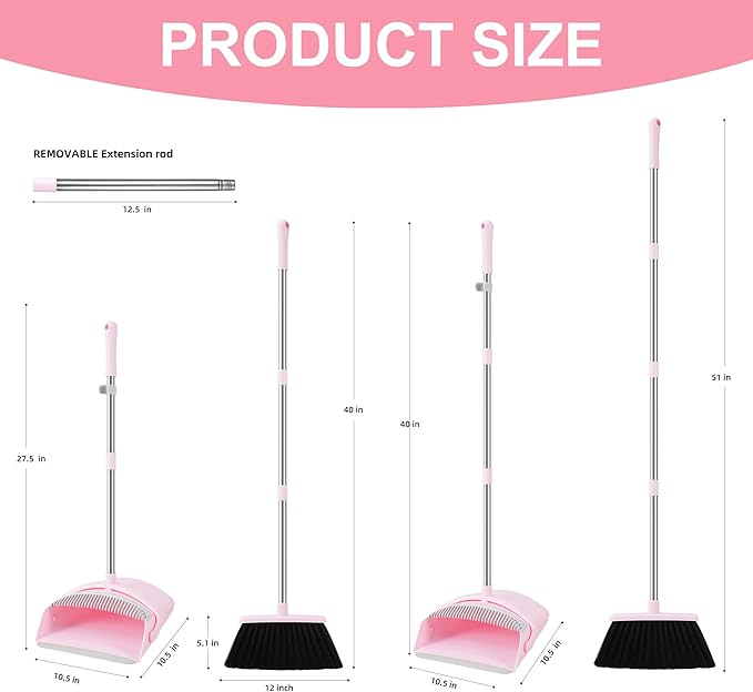 Pink Broom and Dustpan Set, 52” Long Adjustable Handle Broom with Dustpan Combo Set with Dust Pan Teeth to Clean Hair for Home Lobby Office