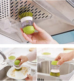 Soap Dispenser Palm Dish Brush with Storage Bracket – Drainage Base, Easy-to-Clean Kitchen Utensil Cleaner | Includes Extra Soft Bristle Brush (Gray&Green)