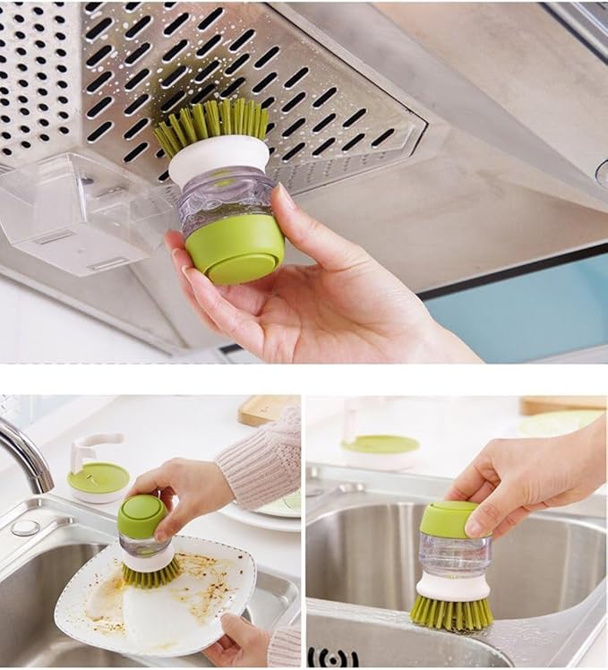 Soap Dispenser Palm Dish Brush with Storage Bracket – Drainage Base, Easy-to-Clean Kitchen Utensil Cleaner | Includes Extra Soft Bristle Brush (Green)