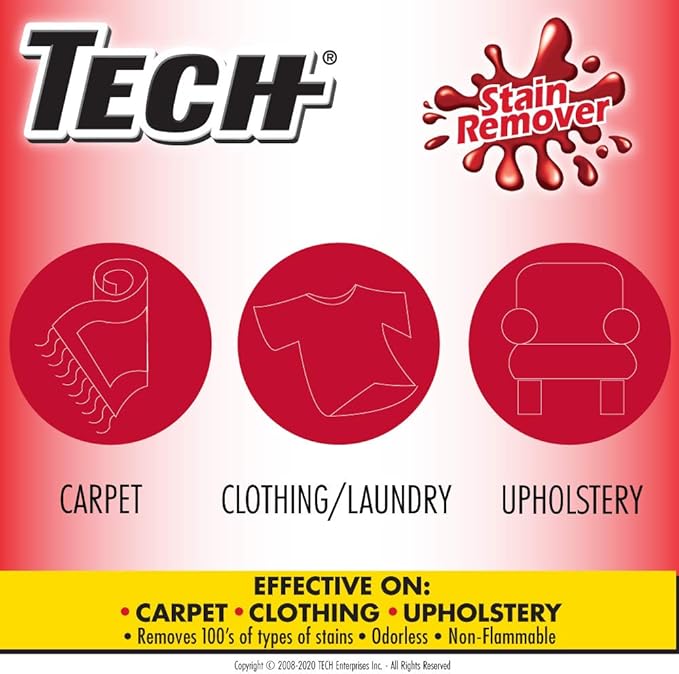 TECH Multi-Purpose Stain Remover | For Carpet, Clothes, Baby, Furniture, Pet, Upholstery, Laundry, Rug Stains | Red Wine, Blood, Coffee, Armpit Stain Remover All-In-One Solution | (8 ounce Bottle)